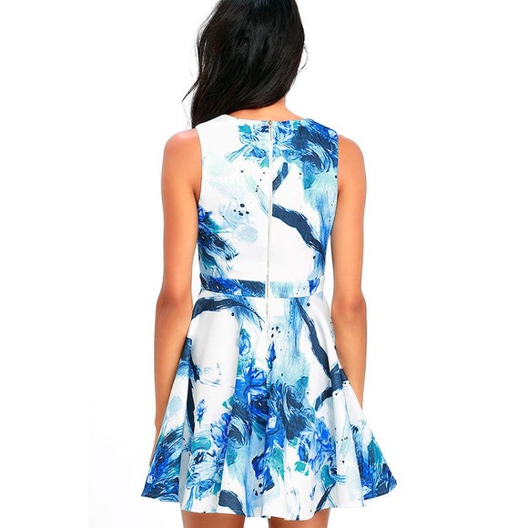 Lulu's Calligraphy Fonts Blue and Ivory Print Skater Dress Sz XS Abstract Floral - Picture 3 of 16